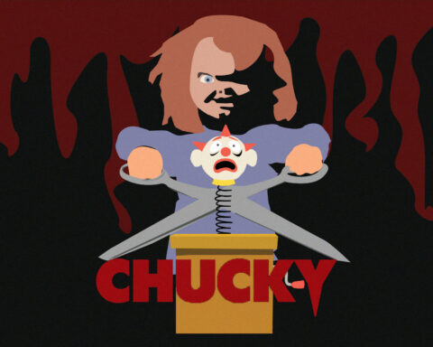 In an article about queer representation in the 'Chucky' franchise, the red-haired doll opens garden sheers in front of a jack in the box toy.