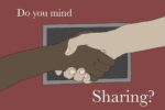 In an article about password sharing, two hands shake in front of a red background. The words "Do you mind sharing?" are across the background.