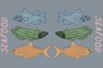 In an article about seafood in Florida, a blue fish, a green fish, and an orange fish are paired with an other. The word "seafood" appears on both sides.