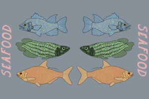 In an article about seafood in Florida, a blue fish, a green fish, and an orange fish are paired with an other. The word "seafood" appears on both sides.