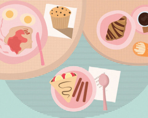 In an article about food essayists A.J. Liebling and M.F.K. Fisher, a pastel table features various pastries including a croissant, pie, muffin, black coffee, and bacon and eggs.