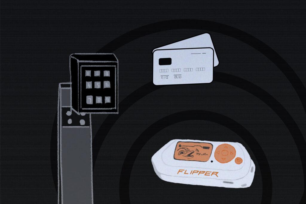 In an article about Flipper Zero, the hacking device is shown with orange buttons and a credit card against a gate keypad.