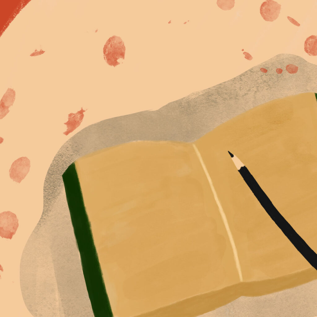 In an article about metafictional writing, a notebook sits with a black pencil over it.
