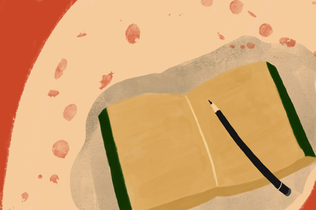 In an article about metafictional writing, a notebook sits with a black pencil over it.