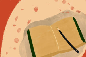 In an article about metafictional writing, a notebook sits with a black pencil over it.