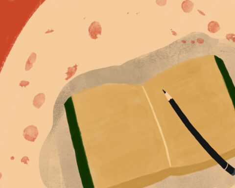 In an article about metafictional writing, a notebook sits with a black pencil over it.