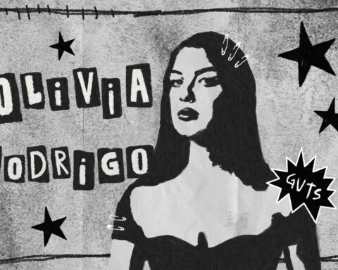 In an article about Olivia Rodrigo's punk rock influences, an illustrated girl stands with an off-the-shoulder dress and safety pins in her hair. In cut-out letters, the words "Olivia Rodrigo."