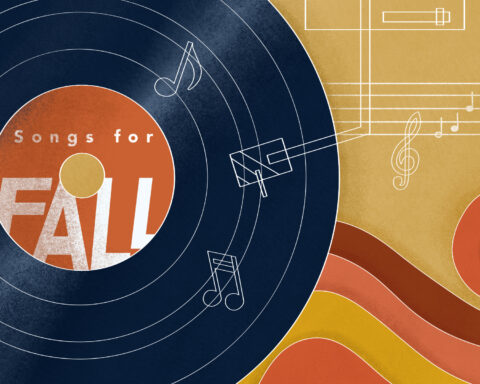 In an article about autumn songs, a black vinyl sits against a goovy retro 70s background.