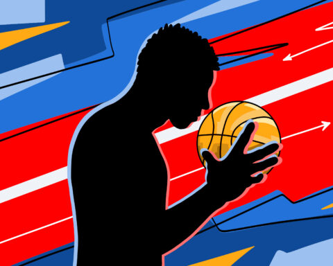In an aritcle about the 2023/2024 NBA season, a black figure holds a basketball against his face.
