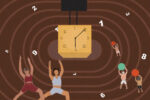 In an article about gym culture, people in workout clothes lunge and carry weights around a track with a timer at its center.