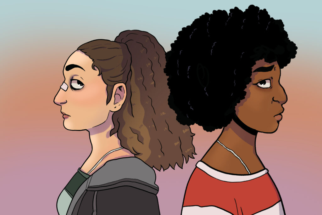 In an article about the film, Bottoms, a brunette woman with medical tape over her nose stands back to back with a woman with black hair.