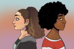 In an article about the film, Bottoms, a brunette woman with medical tape over her nose stands back to back with a woman with black hair.