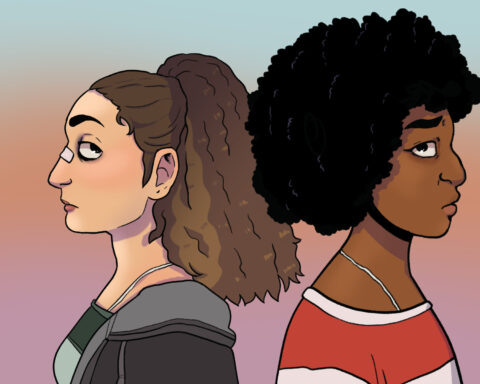 In an article about the film, Bottoms, a brunette woman with medical tape over her nose stands back to back with a woman with black hair.