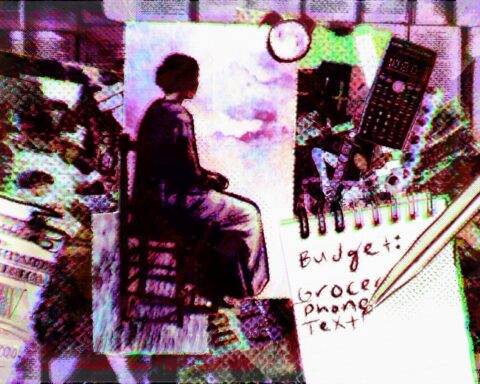 For an article about budgeting in college, mixed-media collage of items. Someone sits staring off. A note pad with the words "budget" and "groceries." Receipts with totals.