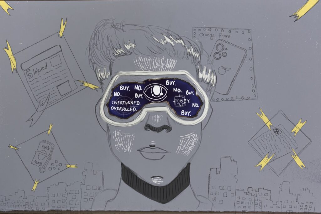 For an article about surveillance culture, a person wears an eye glass piece with the words "no," "buy," "obey," "overturned," "overruled" on it. A city scape is behind them and different fliers are posted too.