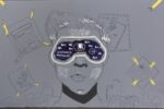 For an article about surveillance culture, a person wears an eye glass piece with the words "no," "buy," "obey," "overturned," "overruled" on it. A city scape is behind them and different fliers are posted too.