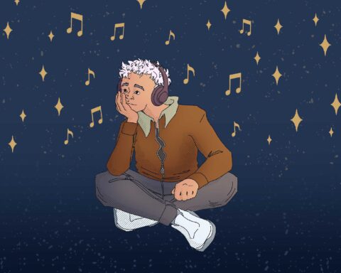 For an article about sonification of space data, a person sits cross-legged with head phones on staring off. A blue background with musical notes around them.