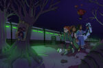 In an article about serious issues in children's shows, three girl characters walk through the woods while a train with neon green light is behind them.