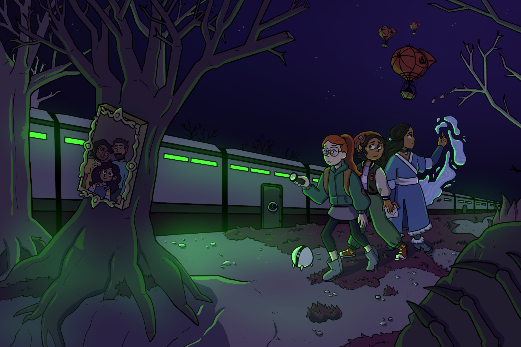 In an article about serious issues in children's shows, three girl characters walk through the woods while a train with neon green light is behind them.