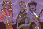 For an article about halloween costumes, several figures are handdrawn. A woman with blonde bouncy hair in a pink suit jacket, two people with mullets and a guitar. Three figures at the bottom are in various tank tops.