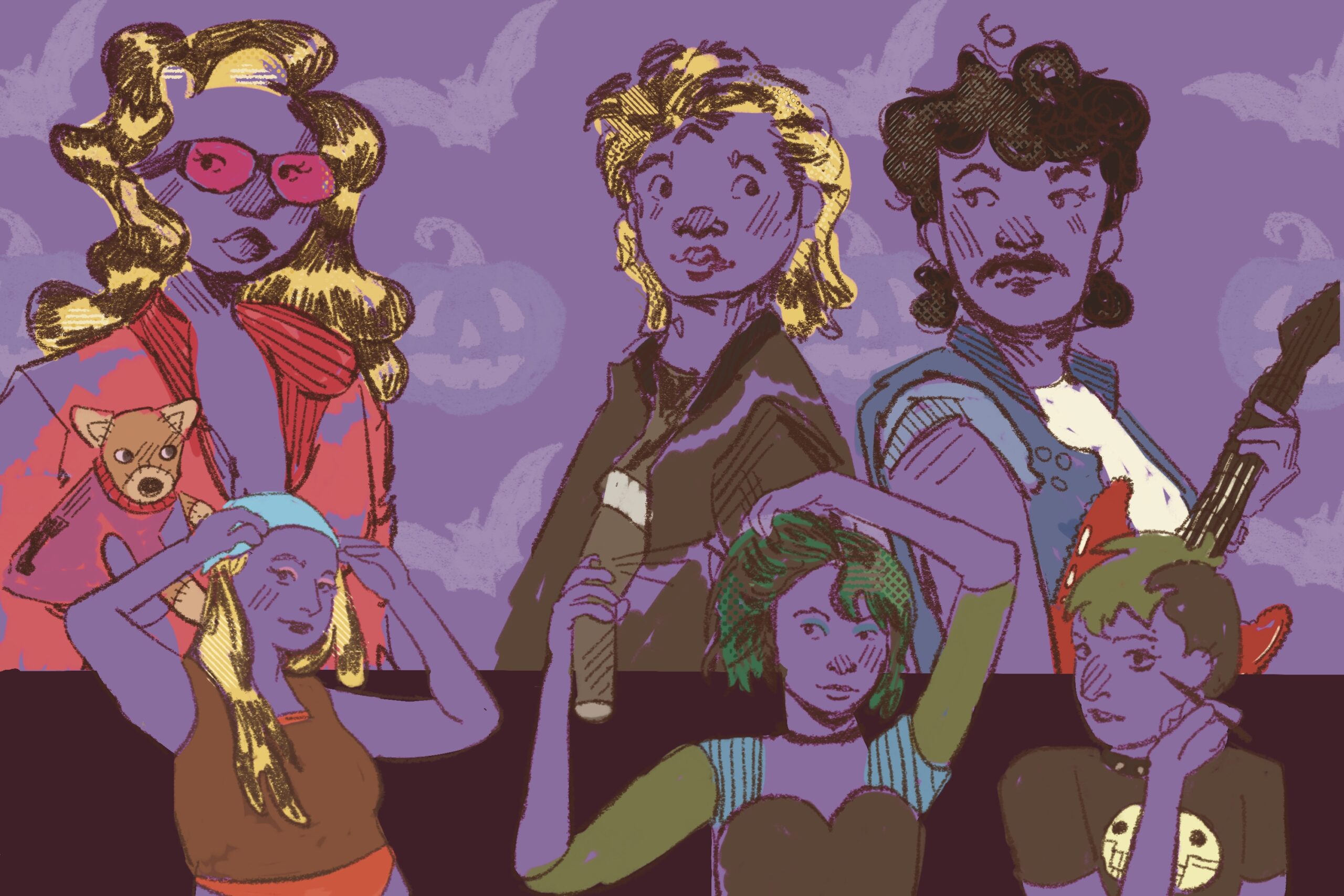 For an article about halloween costumes, several figures are handdrawn. A woman with blonde bouncy hair in a pink suit jacket, two people with mullets and a guitar. Three figures at the bottom are in various tank tops.