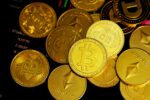 Bitcoins against a black background