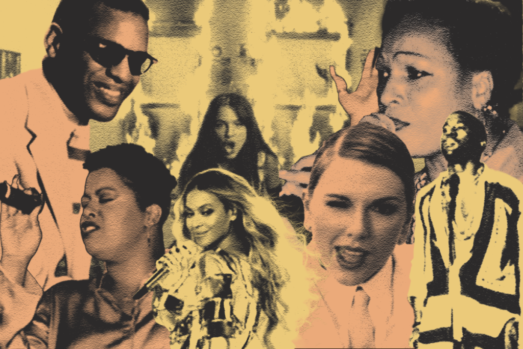 For an article about music samples, a variety of artists are in a pitcure — Ray Charles in the upper left corner (man with sunglasses), Robin S in the lower left corner (woman with short faded hair singing into a microphone), Beyoncé in the center left (woman with long curly hair looking back while holding microphone), Taylor Swift in the center right (woman with gelled down hair and suit winking into the camera), Kanye West in the bottom right corner (a man with a jacket staring into an audience), Sister Nancy in the top right corner (woman with short hair singing into microphone) and Olivia Rodrigo in the top center (woman with dark brown hair screaming into the camera in front of an enflamed room.