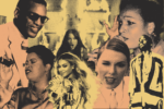 For an article about music samples, a variety of artists are in a pitcure — Ray Charles in the upper left corner (man with sunglasses), Robin S in the lower left corner (woman with short faded hair singing into a microphone), Beyoncé in the center left (woman with long curly hair looking back while holding microphone), Taylor Swift in the center right (woman with gelled down hair and suit winking into the camera), Kanye West in the bottom right corner (a man with a jacket staring into an audience), Sister Nancy in the top right corner (woman with short hair singing into microphone) and Olivia Rodrigo in the top center (woman with dark brown hair screaming into the camera in front of an enflamed room.