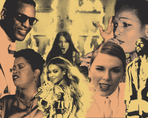 For an article about music samples, a variety of artists are in a pitcure — Ray Charles in the upper left corner (man with sunglasses), Robin S in the lower left corner (woman with short faded hair singing into a microphone), Beyoncé in the center left (woman with long curly hair looking back while holding microphone), Taylor Swift in the center right (woman with gelled down hair and suit winking into the camera), Kanye West in the bottom right corner (a man with a jacket staring into an audience), Sister Nancy in the top right corner (woman with short hair singing into microphone) and Olivia Rodrigo in the top center (woman with dark brown hair screaming into the camera in front of an enflamed room.