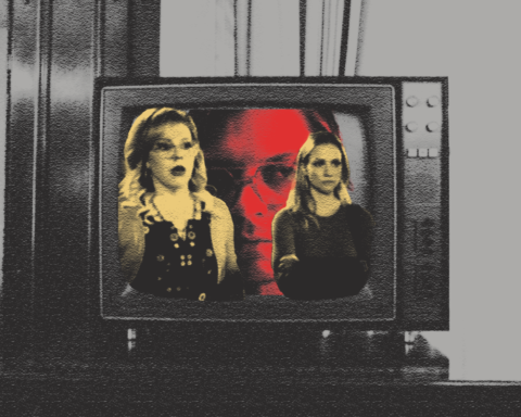 For an article about true crime television, two blonde women in jackets stand in front of a big head of a man with 70s style square glasses. They are set inside a black and white television set.