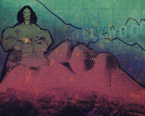 For an article about celebrities in politics, a woman with black hair stands tall above a pink mountain shaped like a face. Behind her is the "Hollywood" sign and a graph going up and down.