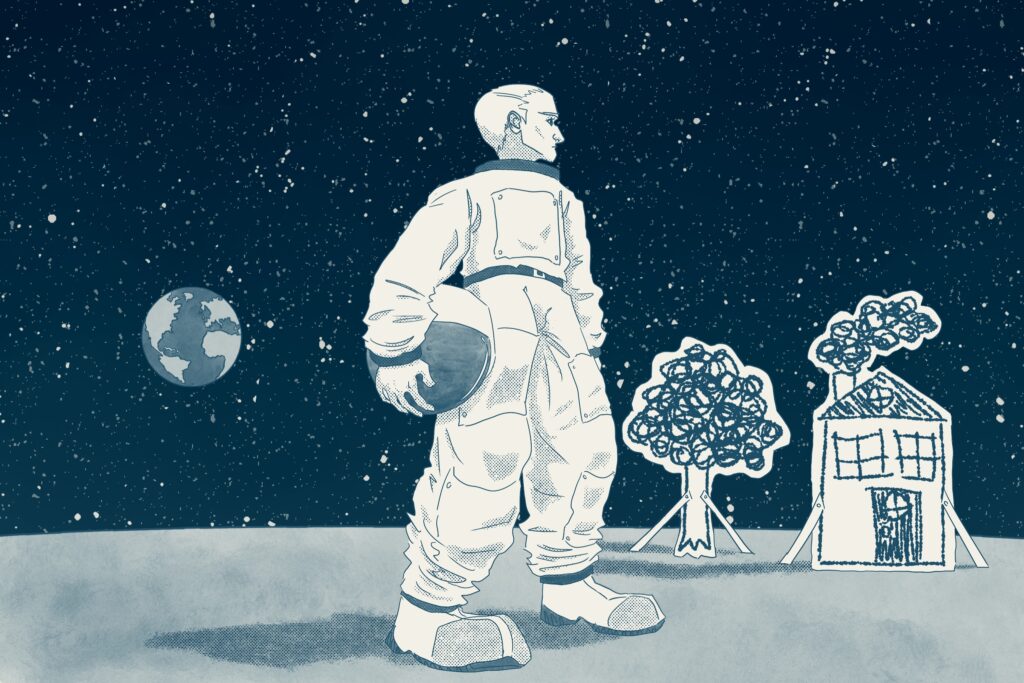 An astronaut stands on the moon with his helmet off. Behind him to the right are paper cutouts of a tree and a house. Behind him on the left is the earth in outer space.