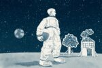 An astronaut stands on the moon with his helmet off. Behind him to the right are paper cutouts of a tree and a house. Behind him on the left is the earth in outer space.
