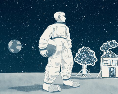 An astronaut stands on the moon with his helmet off. Behind him to the right are paper cutouts of a tree and a house. Behind him on the left is the earth in outer space.