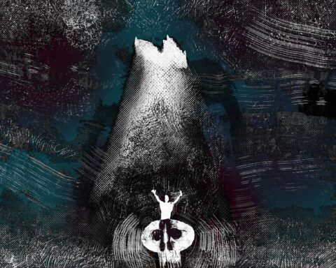 For an article on the tourism problems in Riviera Maya, charcoal-like illustration of a white figure standing on a skull shaped platform stares up at a cenote with their hands up.