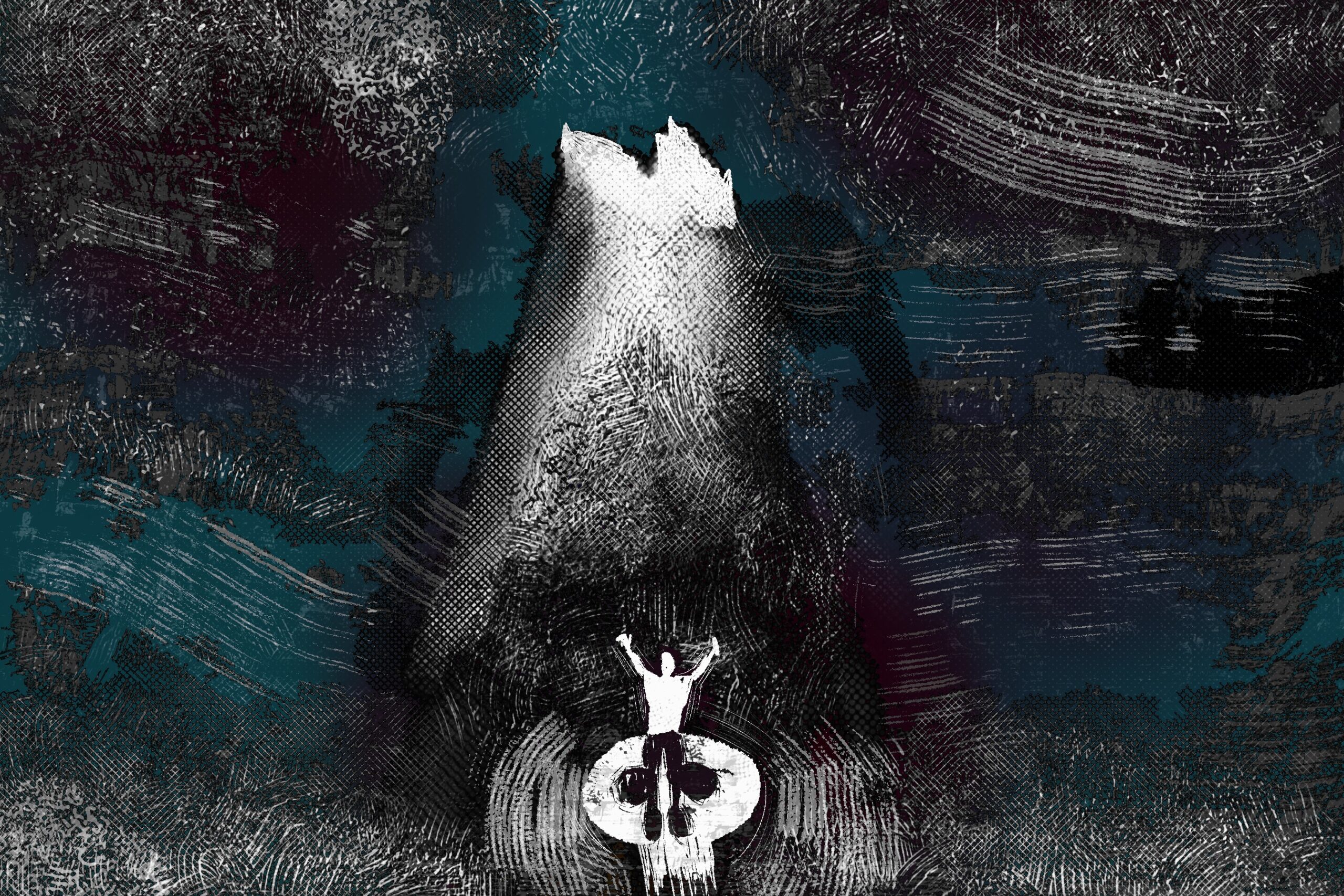 For an article on the tourism problems in Riviera Maya, charcoal-like illustration of a white figure standing on a skull shaped platform stares up at a cenote with their hands up.