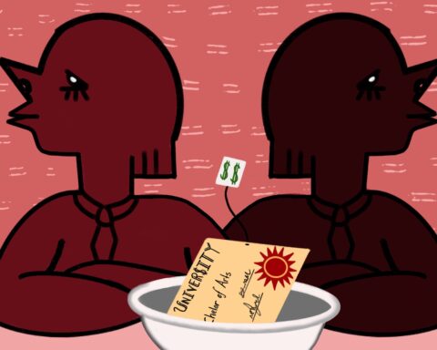 For an article on the efficacy of a college degree, two figures look in opposite directions as a bowl with a degree and a price tag are set between them.