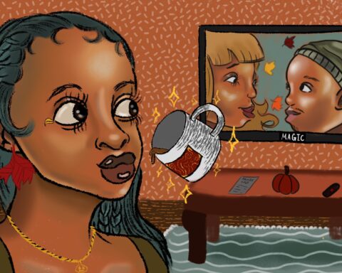 For an article about "Practical Magic" and "The Craft," a woman stares to her left as a mug floats before her face. The TV behind her shows two people looking longingly at each other.