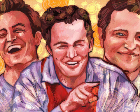 With background drawings of yellow suns, three images of Matthew Perry laughing and smiling in red and orange swirling colors