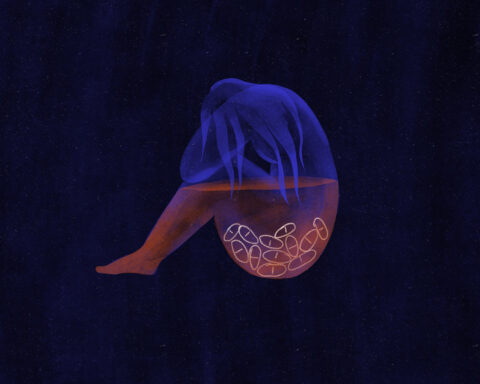 Against a dark blue sky background, an outline of a woman in blue and red colors sits with her knees to her chest as pills are see in her body.