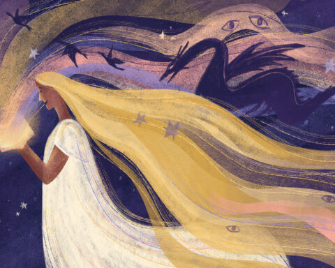 woman reading book with colors of gold, purple, and pink bursting from the pages