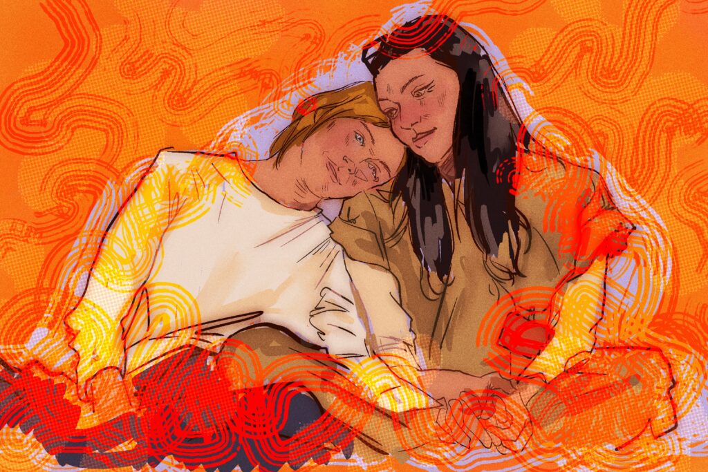 A blonde woman rests her head on a brunette, with a swirling orange and red background.