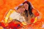 A blonde woman rests her head on a brunette, with a swirling orange and red background.