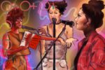 Three drawings of Olivia Gatwood reading from a book at a microphone with fading colors of pink and red.