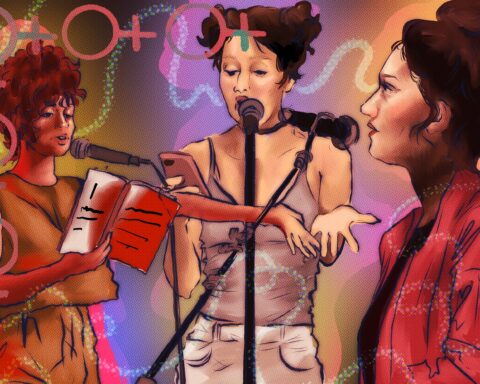 Three drawings of Olivia Gatwood reading from a book at a microphone with fading colors of pink and red.