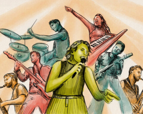 For an article on Sammy Rae and The Friends, a collection of drawings of different people with various instruments.