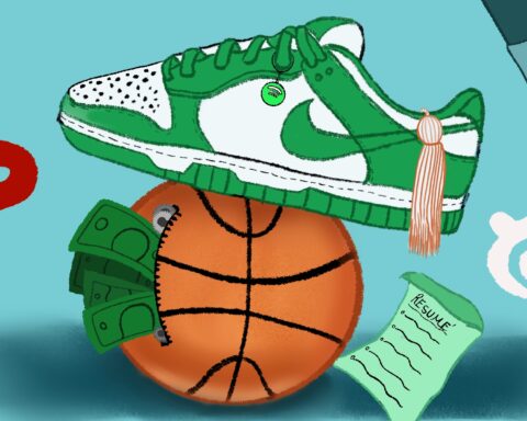 for an article on saving money, a green nike show sits atop a basketball piggy bank with cash coming out.
