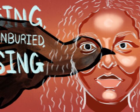 For an article on the racial and environmental injustices of "Sing, Unburied, Sing," a woman is hand-drawn in white ink against a red-orange background. A bird is in flight and covers one of her eyes.