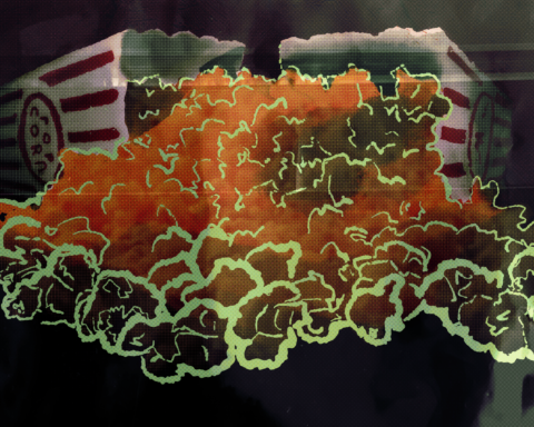 For an article on the origins of popcorn at the movie theater, two white boxes with red stripes and the word "pop corn" written in the middle are tipped over. Neon green outlined popcorn is spilling over.