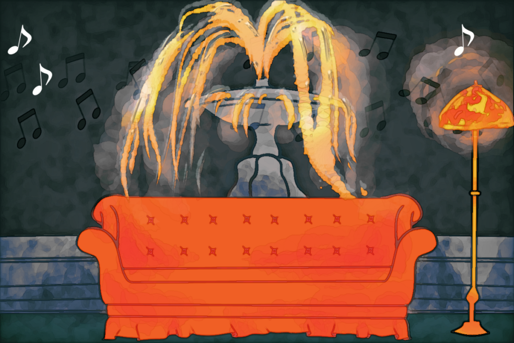 Against a dark grey background with music notes, the "Friends" orange couch sits in front of a spurting fountain.